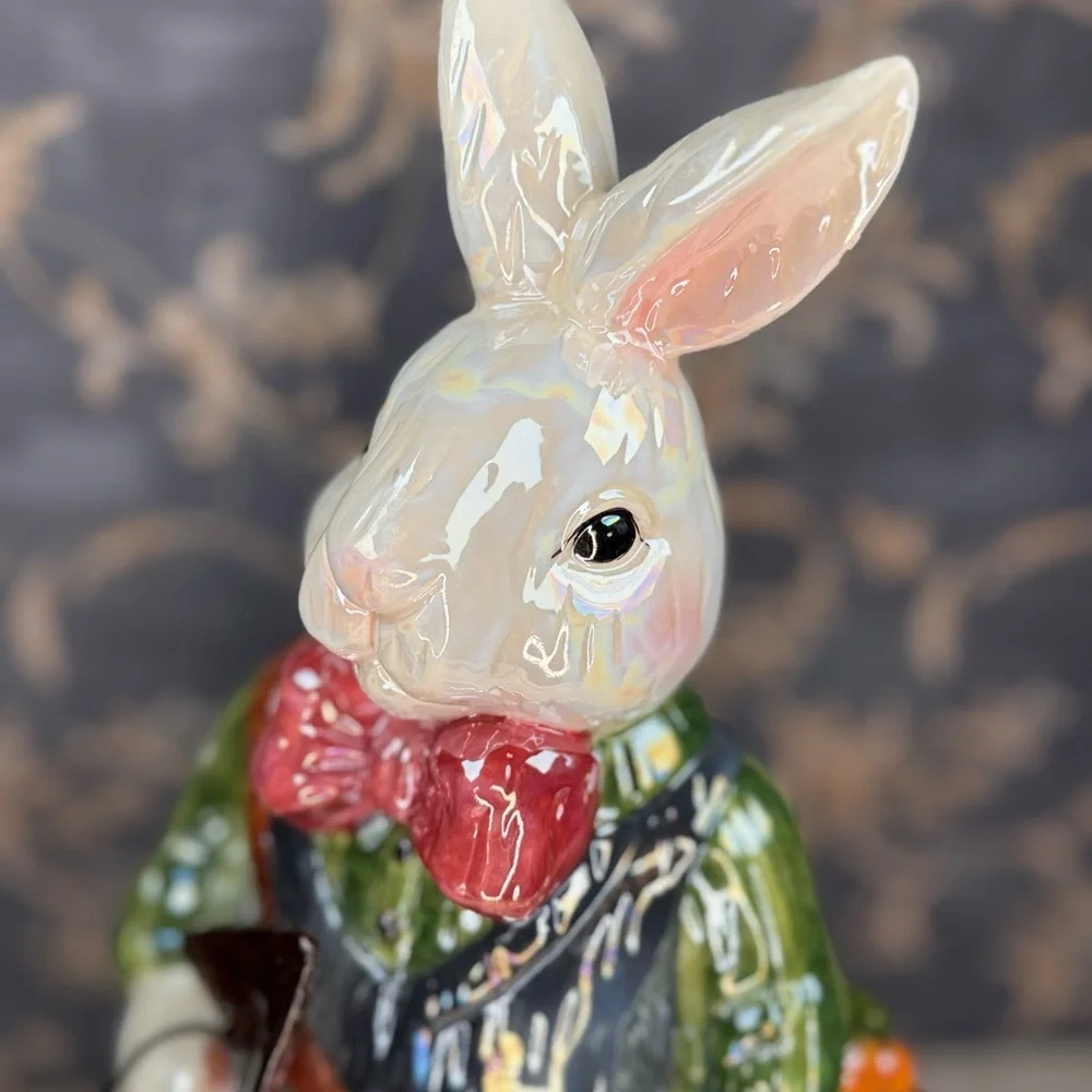 Vintage Style Ceramic Easter Bunny Figurine Gentleman Rabbit w/ Carrot Satchel